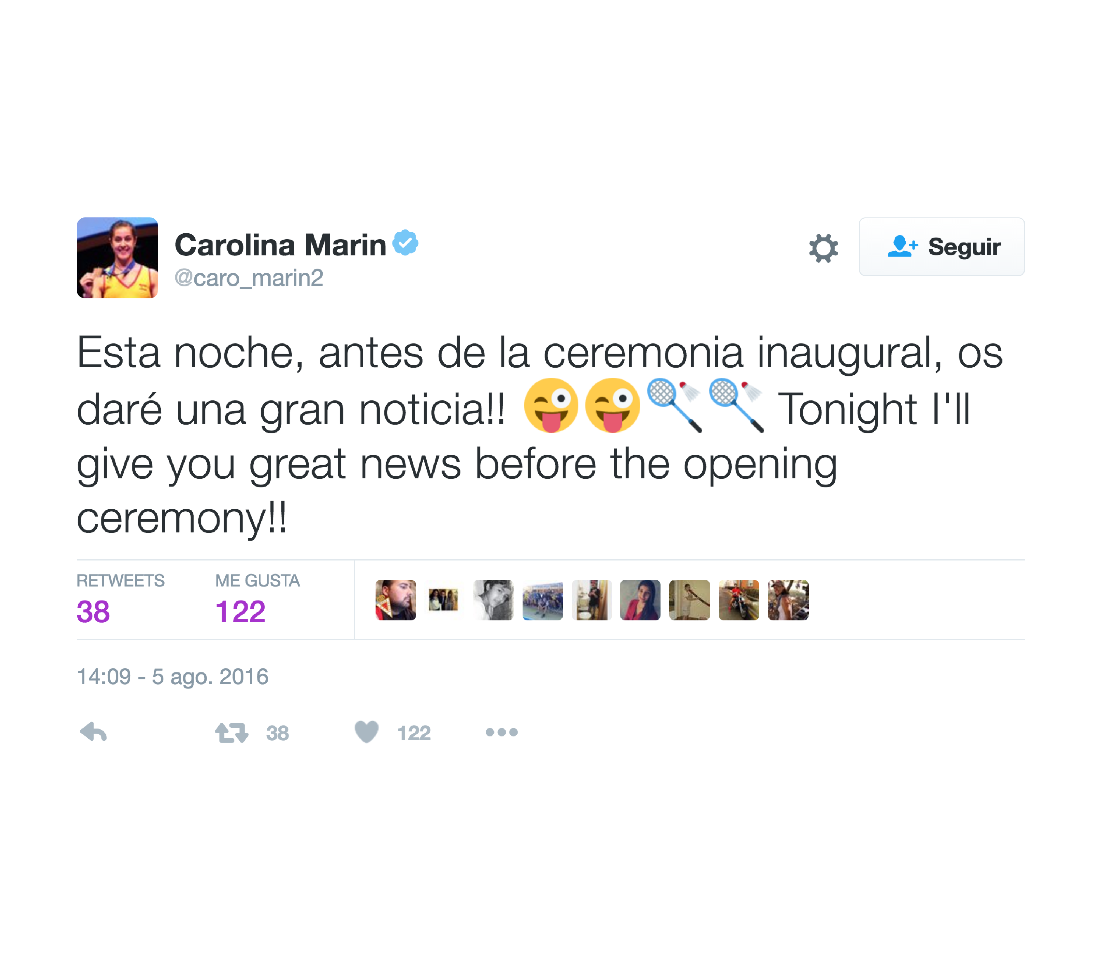 Pantallazo del tuit en el que Carolina Marín adelanta un anuncio a la ceremonia de Río 2016